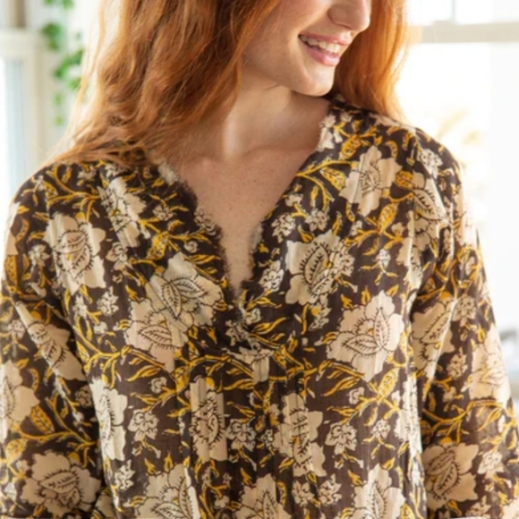 Natural Life Floral Gauze Top Size Large/X Large Brown Yellow Cream - Picture 1 of 7